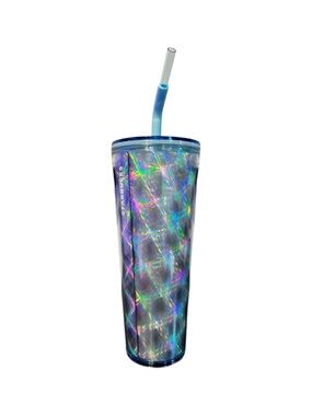 Starbucks Silver Metallic Holographic Star Checkered Slant Straw Cup 2024